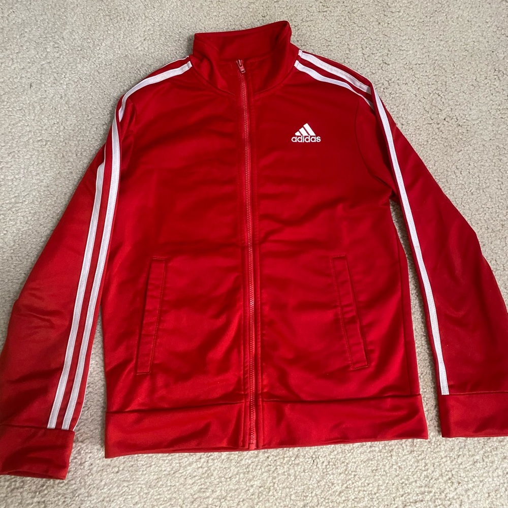 Red adidas jacket. Size medium 10/12 in kids